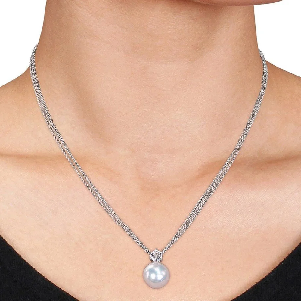 New Gorgeous 925 Silver Cultured Pearl White Topaz Mesh-Chain Pendant Necklace